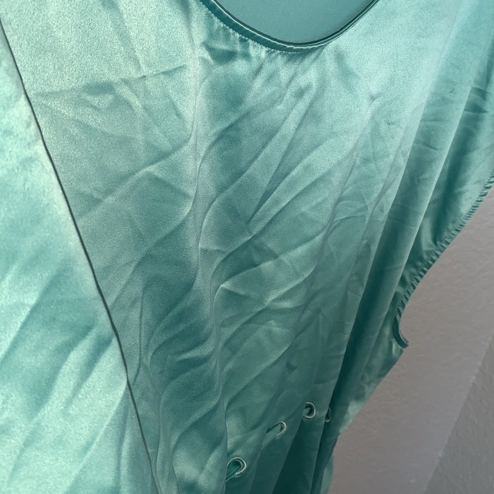 Alfani Aqua blue /green satin look mixed media drawstring blouse cap sleeve - Picture 7 of 9
